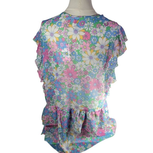 Jessica Simpson Floral Ruffle Sleeveless Keyhole Peplum Hem Sheer Top Size S - Picture 6 of 10